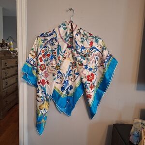 100% Mulberry Silk Vibrant Floral Scarf with Blue Border